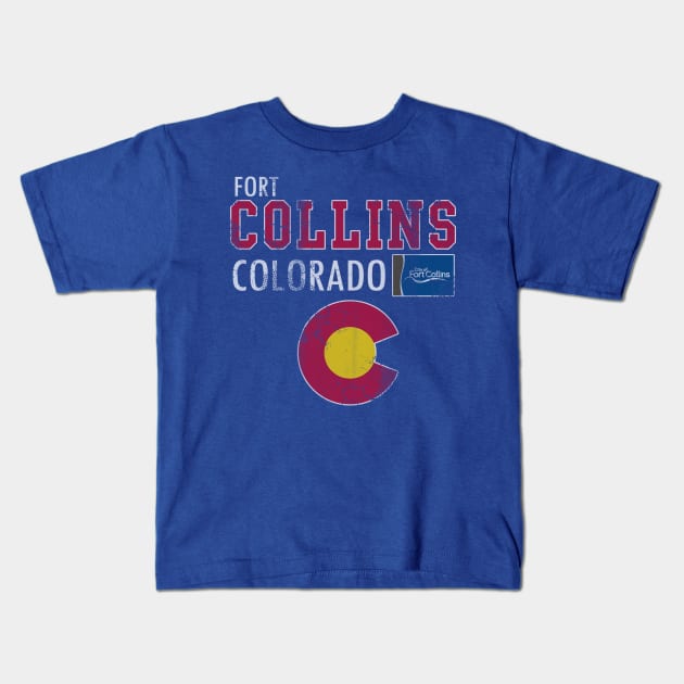 Retro Fort Collins Colorado Flag Vintage Fade Kids T-Shirt by E